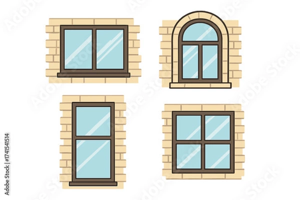 Fototapeta Vector illustration set of various window types in a brick wall. Collection of different architectural frames, arched and rectangular, for building exterior or house facade design.