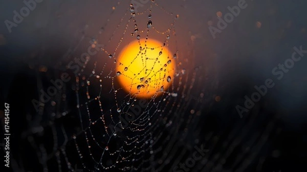 Obraz Delicate spiderweb adorned with shimmering droplets, catching the golden light of the rising sun.