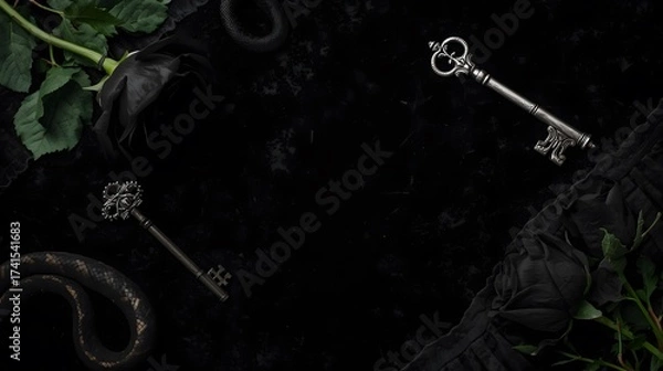 Obraz Elegant black roses, antique keys, and a coiled snake create a gothic and mysterious still life.