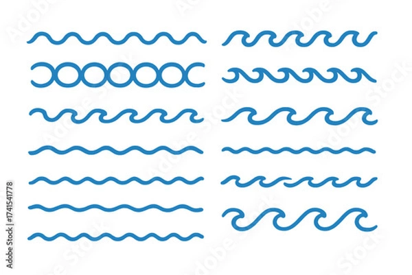Fototapeta Vector wave line icon set. Collection of water, sea, and ocean patterns. Blue graphic divider and border element. Abstract flow, ripple, tide, and surf symbol illustration.