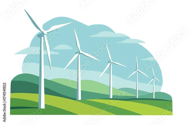 Fototapeta Wind turbines on green hills landscape. Vector for renewable, sustainable, and eco-friendly energy production. Clean power technology, future innovation concept. Isolated.
