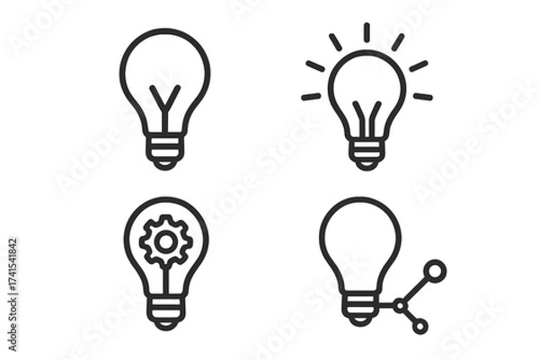 Obraz Light bulb line icon set. Concepts for idea, innovation, creativity, problem solving, and technology. Vector illustration of thinking process, inspiration, and connection.