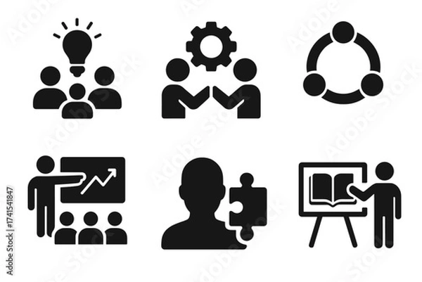 Obraz Business workshop vector icon collection. Team building, collaboration, teamwork, coaching, brainstorming, problem solving, education, presentation, growth glyph icons set.