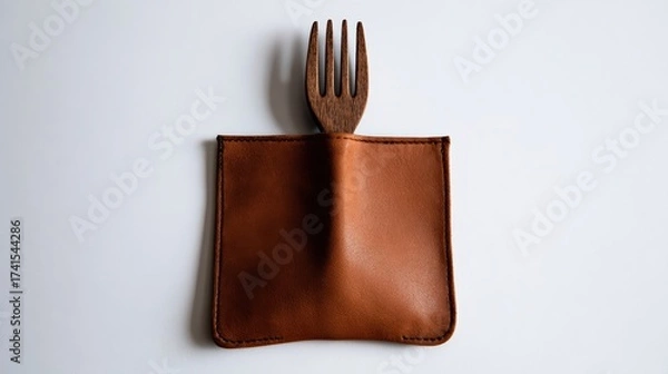 Obraz Creative display of wooden fork nestled in brown leather pouch on minimalist background
