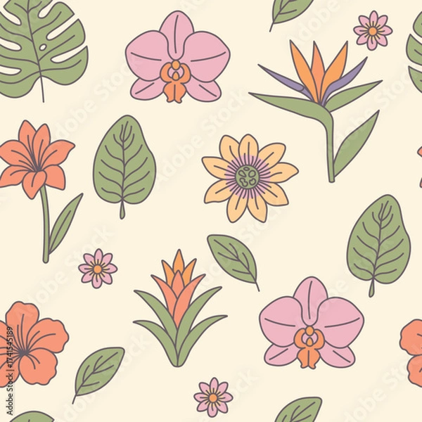 Fototapeta Vector seamless pattern with tropical flowers and leaves in pastel colors. Includes monstera, orchid, hibiscus, and strelitzia. Ideal for fabric, wrapping paper, or summer design.