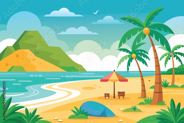 Fototapeta A beach with palm trees and a mountain in the background