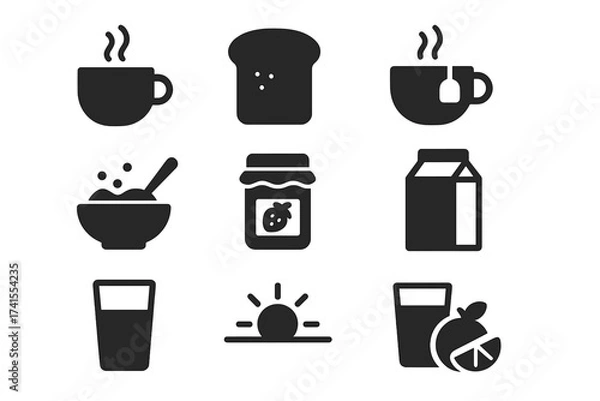 Fototapeta Breakfast food icon set. Solid glyph collection of morning meal symbols. Vector pictograms of coffee, tea, toast, cereal, jam, milk, and orange juice. Simple flat design elements.