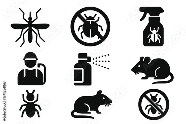 Fototapeta Pest control solid glyph icon set. Includes extermination, bug, insecticide spray, rodent, termite, ant, cockroach, mosquito, rat. Disinfection service vector symbol pack.