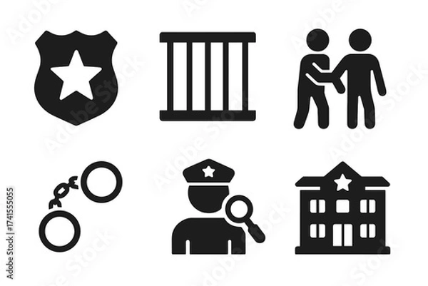 Fototapeta Police icon set. Law enforcement, justice and crime symbols. Vector glyph collection with badge, jail, arrest, investigation, handcuffs, and police station signs.