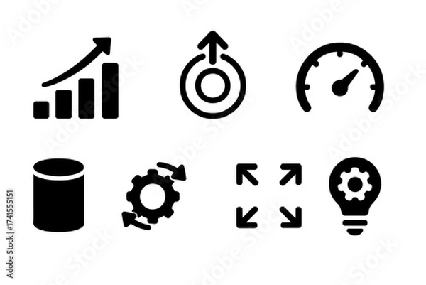Fototapeta Scalability vector icon set for business. Glyphs for growth, expansion, performance, and capacity. Icons for adaptability, scalable resize, efficiency and innovation.