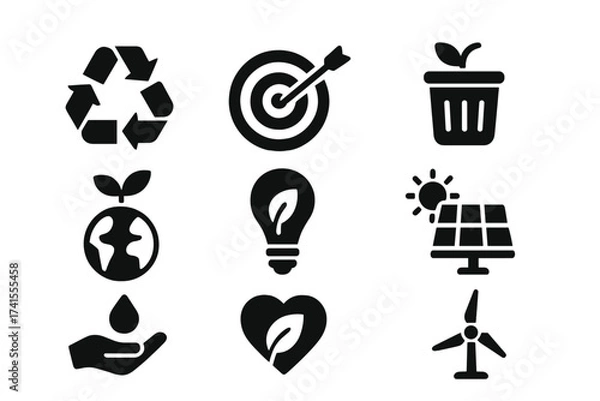 Fototapeta Sustainability solid glyph icon set. Vector collection of eco friendly symbols. Contains recycled, zero waste, green energy, solar panel, wind power, save water, conservation goal.