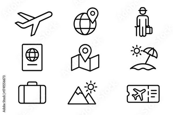 Fototapeta Travel icon outline set including airplane, tourism, passport, navigation, suitcase, trip, ticket, holiday symbols, vector line icons collection, travel essentials vector illustration