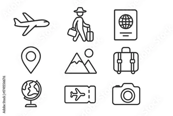 Fototapeta Travel icon outline set with airplane, tourism, passport, navigation, holiday, suitcase, trip ticket, globe, mountain, and camera vector line icons collection for travel and vacation