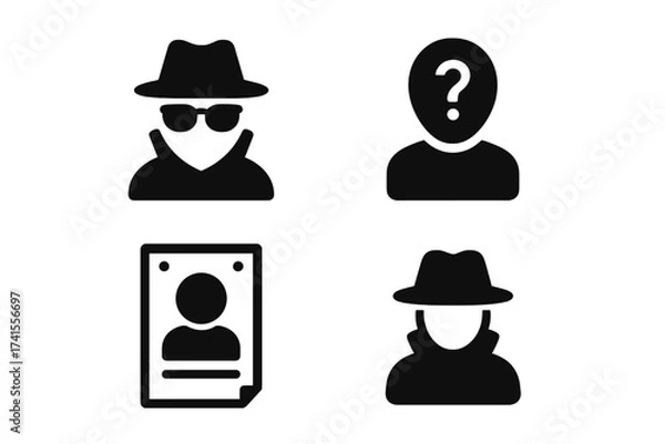 Fototapeta Set of Unknown Icons Including Incognito Spy, Missing Person Silhouette, Wanted Poster, and Lost Anonymous Figures in Solid Black Vector Illustration with Transparent Background