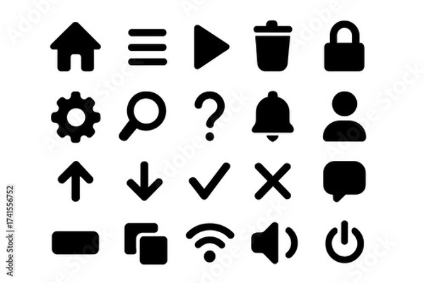 Fototapeta User Interface Icon Set, Basic UI and UX Solid Icons Pack, Vector Symbol Illustration Collection with Transparent Background, Navigation, Media, Security, Communication, Settings