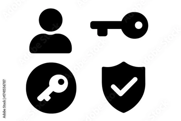 Fototapeta User with key icon, personal key symbol, security concept, access control, privacy protection, authentication vector illustration, black silhouette set, transparent background