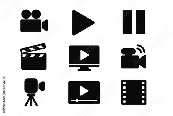 Fototapeta Video icon set with camera, play, pause, media player, online video, live streaming, production, movie, cinema, digital media controls, solid black vector collection for multimedia and entertainment