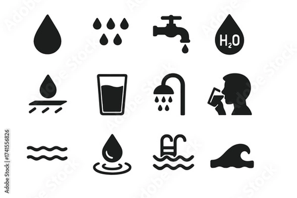 Fototapeta Water icon set with droplets, rain, tap faucet, H2O symbol, waterproof, glass of water, shower head, drinking water, pool ladder, waves, and ocean wave solid vector illustrations