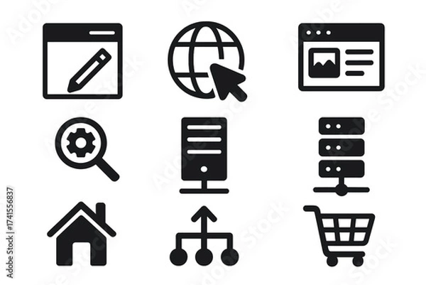Fototapeta Website icon set with web design, internet, content management, SEO, hosting, server, homepage, e-commerce shopping cart, and digital marketing icons, solid black vector illustration collection