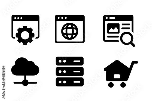Fototapeta Website icon set with web design, internet, content, SEO, hosting, server, homepage, e-commerce, solid vector icons, internet technology and online store symbols collection