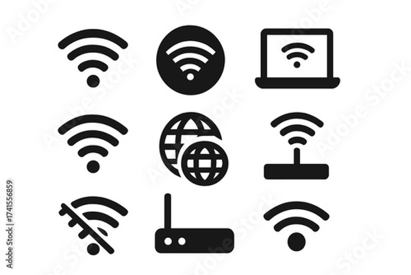 Fototapeta Wifi icon set with wireless signal, internet connection, online and offline status, computer hotspot, wifi router, network and connectivity vector solid icons collection