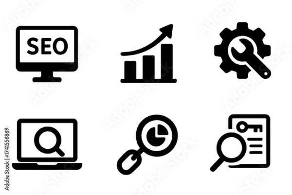 Fototapeta SEO icon set, search engine optimization collection for business and marketing, traffic growth, ranking analytics, optimization tools, link and keyword concept icons, solid vector