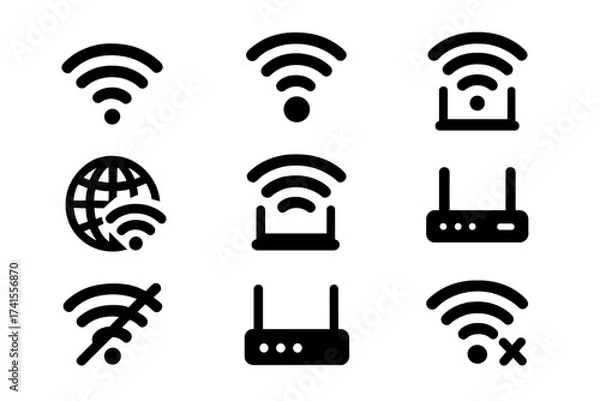 Fototapeta Wifi icon set with online, signal, wireless, internet, hotspot, offline, router symbols, network connectivity, wireless communication, technology concepts