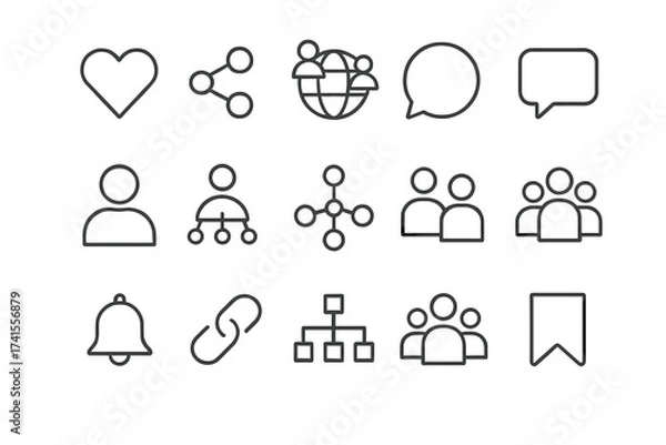Fototapeta Social media outline icon set, including like, share, network, comment, profile, connection, friends, and networking icons, minimal line vector collection for digital communication
