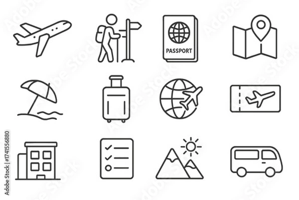 Fototapeta Travel outline icon set with airplane, tourism symbols, passport, navigation map, holiday beach umbrella, suitcase, globe trip, ticket, hotel, checklist, mountain sun, and van vector illustration