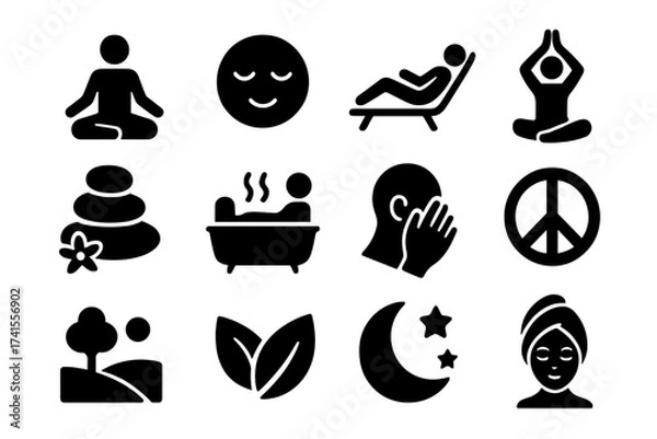 Fototapeta Relaxation and serenity glyph icon set. Concepts for mindfulness, meditation, yoga, spa, wellness, and self-care. Zen, peace, calm, and stress relief vector pictograms.