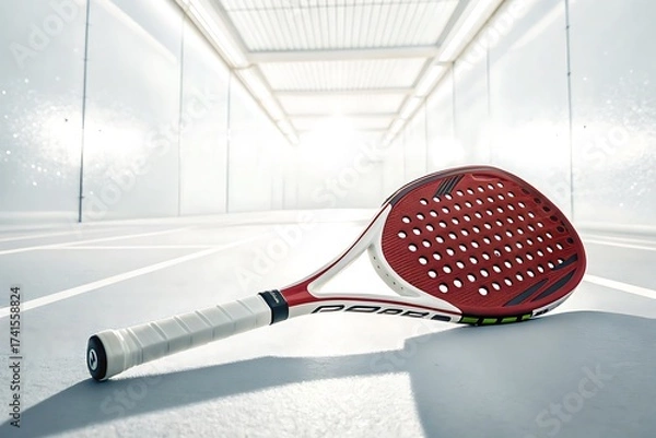 Fototapeta Padel racket lying on the floor in a bright indoor court  