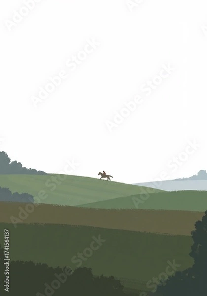 Fototapeta 馬と騎手, 丘陵地帯の風景, 静かな朝