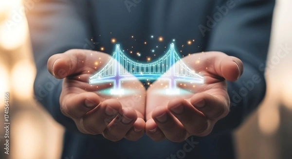 Fototapeta businessman hand touching virtual  bridge screen