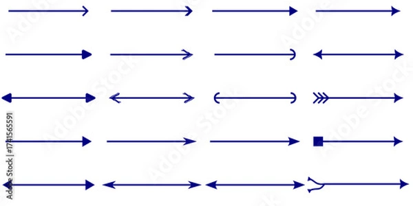 Fototapeta A collection of various blue arrow symbols and icons, displayed in a grid format on a white background.