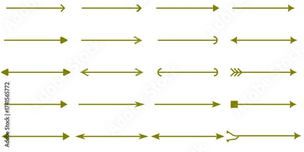 Fototapeta An assortment of twenty olive green arrow graphics arranged in a grid on a white background.