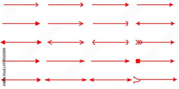 Fototapeta A collection of various red arrow styles and designs arranged in rows on a plain white background.