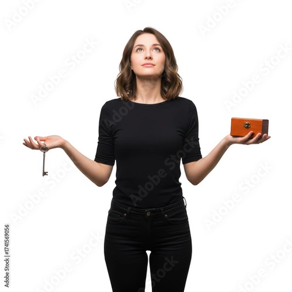 Fototapeta Woman holding a small box and a key isolated on transparent background