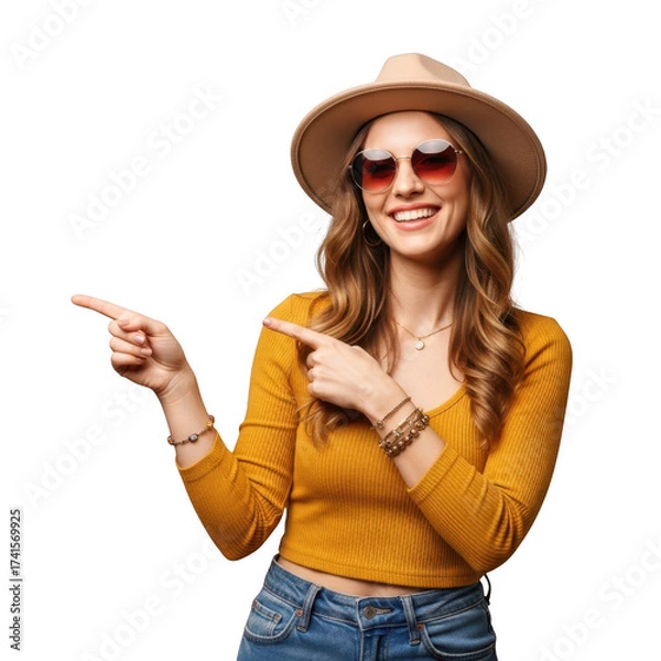 Fototapeta Woman wearing hat and sunglasses pointing to the side isolated on transparent background