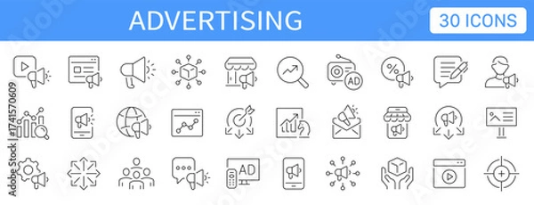 Fototapeta Advertising thin line icons set. Advertisement, promotion, marketing editable stroke icon. Vector