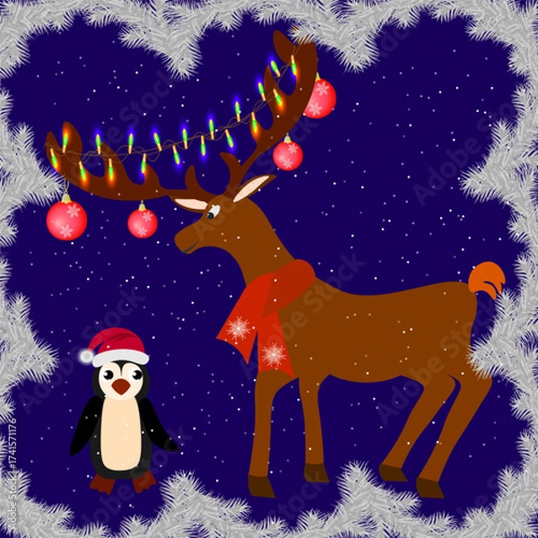 Obraz christmas background with deer and a penguin