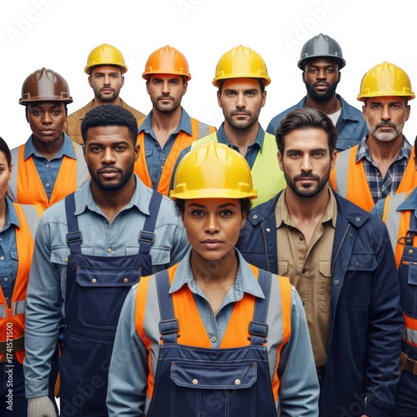 Fototapeta Diverse construction workers in hard hats isolated on transparent background