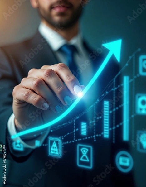 Obraz Businessman pushing a digital graph upward on a virtual touchscreen