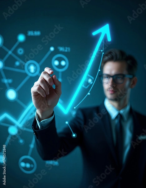 Obraz A businessman interacts with a futuristic virtual touchscreen interface