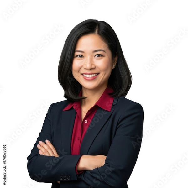 Fototapeta Smiling asian businesswoman in suit isolated on transparent background