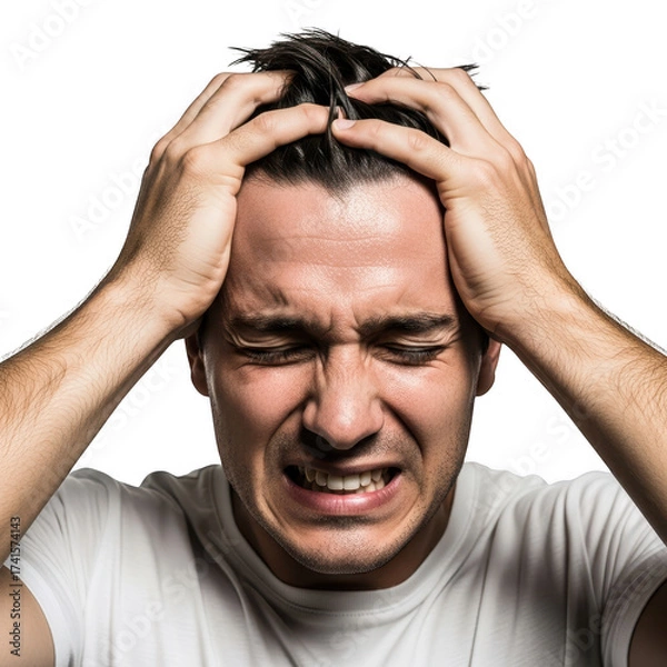 Fototapeta Man in distress holding his head isolated on transparent background
