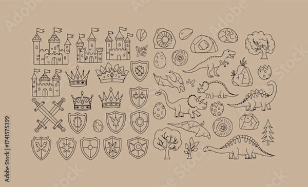 Fototapeta Collection of hand drawn medieval symbols and creatures on kraft paper background