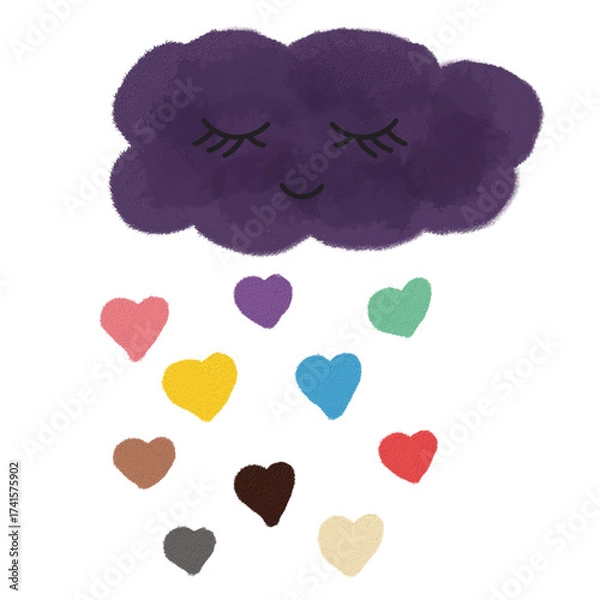 Fototapeta Cute Sleepy Purple Cloud Raining Multi-Colored Hearts