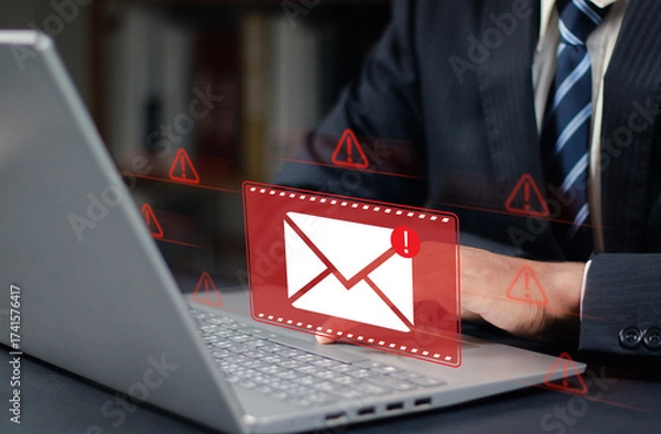 Fototapeta Threat, phishing, malicious, danger, hack, warning, mail, thief, scam, alert, safety, letter, technology, online, Cyber crime security concept, Alert Email inbox and spam virus with warning caution.