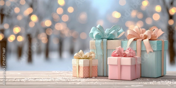 Fototapeta Winter wonderland scene with beautifully wrapped gifts on a wooden table surrounded by soft twinkling lights
