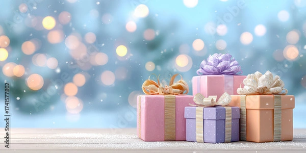 Fototapeta Colorful wrapped gifts sit cheerfully under soft falling snow in a festive winter wonderland scene